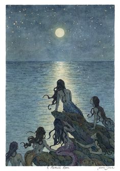 an illustration of three mermaids sitting on the rocks by the ocean at night, with stars in the sky above them