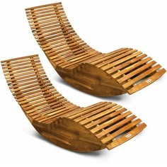 two wooden slatted chairs sitting next to each other on top of a white surface