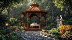 a gazebo in the middle of a garden surrounded by flowers