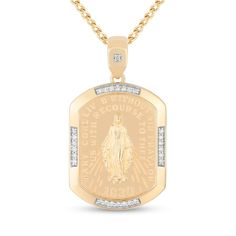 Gleaming with diamond touches, this pendant is a sparkling declaration of faith. 10K gold Diamonds decorate each side of the dog tag pendant and shimmer on the bail A detailed sculpted icon and inscriptions gleam at the center 1/8 ct. t.w. of diamonds 22.0-inch curb chain; lobster claw clasp Declaration Of Faith, Dog Tag Pendant, Dog Tag, Curb Chain, Virgin Mary, 10k Gold, The Dog, Lobster Claw, Dog Tags