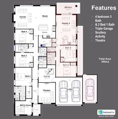 the floor plan for an apartment with three car garages and two separate living areas