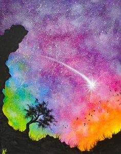 a painting of a person looking up at the stars in the night sky with a tree