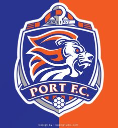 an orange and blue logo with the word port f c on it's side