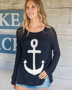 Knit in our airy, ropey and soft cotton blend yarn. This nautical top features an anchor graphic knit directly into the center front. Flattering, curved shirt-tail hems with side slits. Raglan sleeves and a relaxed fit creates the perfect casual vibe. Composition: 60% cotton, 40% acrylic MEASUREMENTS FOR S/M (6-8): Chest Width (1" down from armholes): 22.5" Length (from highest point shoulder to hem): 24" Curved Shirt, Anchor Graphic, Beach Sweater, Hot Sweater, Summer Sweaters, Classic Sweater, Knitting Women Sweater, Navy Sweaters, Girls Sweaters