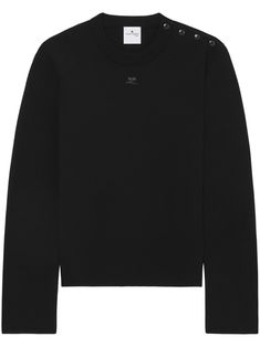 black jersey texture appliqué logo crew neck press-stud fastening at the shoulder long sleeves ribbed trim straight hem Long Sleeve Tops With Logo Detail For Fall, Fall Long Sleeve Tops With Logo Detail, Fall Long Sleeve Sweater With Logo Detail, Crew Neck Tops With Logo Detail For Fall, Fall Crew Neck Top With Logo Detail, Fall Crew Neck Tops With Logo, Classic Tops With Logo Detail For Fall, City Shorts, Black Jersey