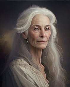 an older woman with long white hair and wearing gold hoop earrings is looking at the camera