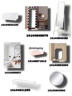 various types of bathroom furniture displayed on a white background with black and white numbers below