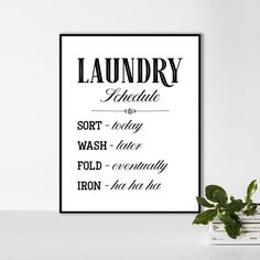 a black and white poster with the words laundry schedule on it next to a potted plant