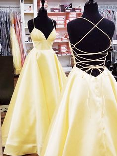 A Line V Neck Backless Yellow Long Prom Dresses with Cross Back, Backless Yellow Formal Graduation Evening Dresses Yellow Prom Dress Long, Dress Grad, Prom Dress Long, Dress Graduation, School Party