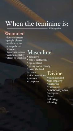 Divine Feminine Lifestyle, Masculine Feminine Quotes, Divine Masculine Archetypes, Masculine Feminine Aesthetic, Fem Vs Masc Energy, Practicing Femininity, Wounded Masculine Feminine, Inner Feminine Energy, Feminine Things Aesthetic