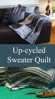 upcycled sweater quilt with scissors on the table