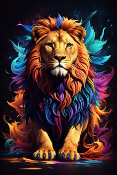 a lion with multicolored hair sitting on the ground in front of a black background