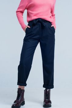 Q2 Navy Wide Pants with Bow Tie Blue High Waisted Pants, Pants With Bow, Blue Pants Outfit, Navy Bow Tie, Fearless Women, Tie Waist Pants, Navy Blue Pants, Textured Sweater, Women Bags Fashion