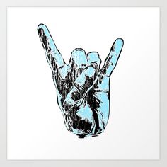 a hand making the peace sign with it's fingers in black and blue art print