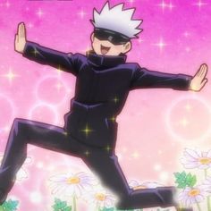 an anime character is jumping in the air with his arms out and eyes closed,