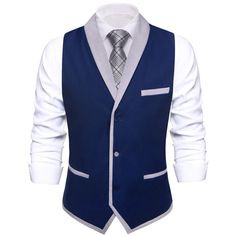 Midnight Blue Solid Silk Shawl Collar Vest Business Vest With Pockets And V-neck, Formal Blue Vest With Buttons, Blue Cotton Vest With Buttons, Blue Business Vest With Pockets, Blue Sleeveless Business Vest, Vest Tuxedo, Work Vest, Suit Tuxedo, Dress Vest