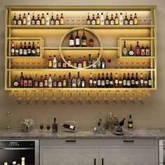 a bar with lots of bottles and glasses on the shelves above it is illuminated by a circular light