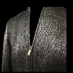 This Jacket Has A Zip Front That Stops To Make A V-Neck. It Looks Like Liquid Silver Was Pored On The Top And As It Goes Down Gradually From Silver To Black. "Montmartre" You Can Choose Any Solid Color To Wear Underneath, Dress, Skirt, Or Slacks. All Measurements Are Drawn On Photo In Photos. Never Worn Luxury Metallic Outerwear For Evening, Luxury Silver Outerwear For Parties, Silver Evening Outerwear For Winter, Silver Outerwear For Formal Fall Occasions, Formal Silver Outerwear For Fall Season, Formal Silver Outerwear For Fall, Silver Formal Outerwear For Fall, Silver Fitted Outerwear For Evening, Black Balayage