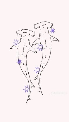 two dolphins are swimming in the water with starfishs on their tails and one is jumping