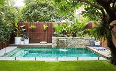 a small swimming pool in the middle of a yard with trees and plants around it