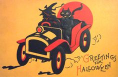 a painting of a cat driving a car with the caption greetings for halloween