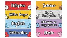 four different colored labels with cartoon characters and words in the same language, one for each child