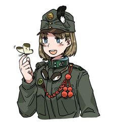 a woman in uniform is holding a small object with one hand and pointing to the side