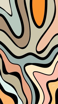 an abstract painting with wavy lines and oranges on the bottom half of the image