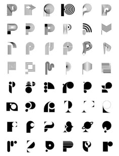 an alphabet with different shapes and sizes, including the letter p in black on a white background