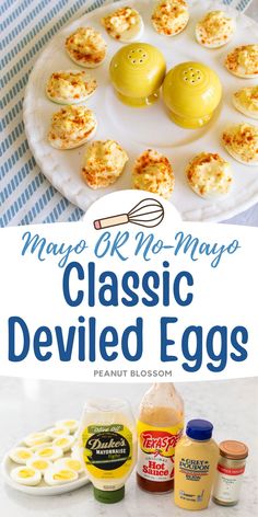 mayo, ketchup, and deviled eggs on a white plate with text overlay