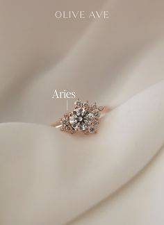 14K Rose Gold | Aries features a round center stone with an asymmetrical burst halo set in a basket setting on a half round shank. Celestial Round Cluster Ring For Wedding, Celestial Cluster Ring For Wedding, Celestial Cluster Ring For Anniversary, Celestial Diamond Cluster Ring, Basket Setting, Halo Setting, Basket Sets, Jewelry Companies, White Satin