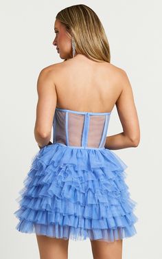 Amalie The Label - Meredith Strapless Tulle Tiered Bustier Mini Dress in Blue Bustier Mini Dress, Love Clothing, The Label, Mini Dress, Blue, Clothes