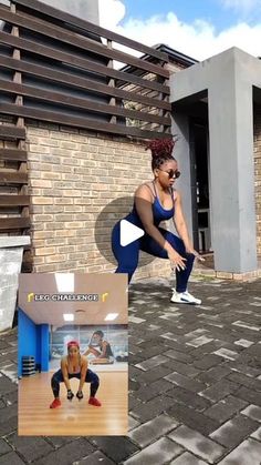 a woman is doing squats on a brick floor in front of a building with an advertisement