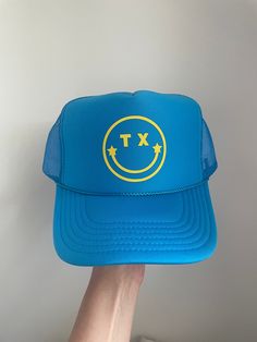 Unisex fit trucker hat  Adjustable snapback *colors as shown Trendy Blue Trucker Hat For Streetwear, Trendy Blue 5-panel Baseball Cap, Trendy Blue 5-panel Snapback Hat, Trendy Blue Snapback Trucker Hat, Blue Adjustable Trucker Hat Hip Hop Style, Blue Adjustable Hip Hop Trucker Hat, Fun Blue Baseball Cap For Streetwear, Fun Blue Flat Bill Hat, Smiley Face Hat