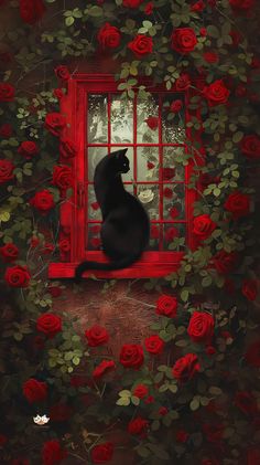 a black cat sitting on a window sill surrounded by red roses