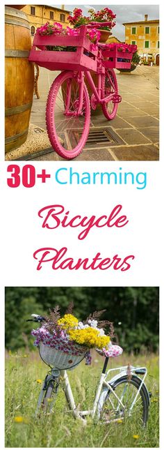 two pictures with the words 30 + charming bicycle planters