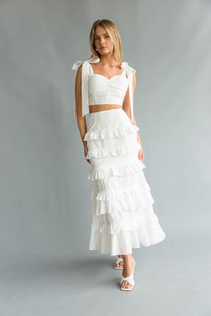 Front view | white bow strap Bustier top with tiered ruffle skirt(set) | vacation dress White Skirt And Top, Bow Straps, Matching Skirt Set, Ruffle Maxi Skirt, Rush Dresses, Skirt Zipper, Tiered Ruffle Skirt, Tie Bow, The Dawn