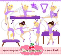 Purple Gymnastics Girls Digital Clipart Set for -Personal and Commercial Use-paper crafts,card making,scrapbooking,web design via Etsy Purple Clipart, Gymnastic Party, Gymnastics Cakes, Gymnastics Party, Digital Sales, Doodle Characters, Wearing Purple