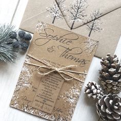 the wedding stationery is decorated with pine cones and snowflakes, which are tied to brown envelopes