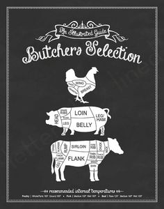 the butcher's selection is shown on a chalkboard with an image of chickens and pigs