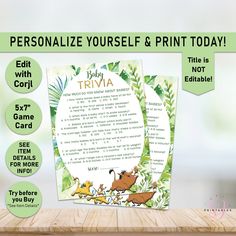 the personalize yourself printable trivia is displayed on a table with other items