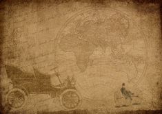 an old world map with a horse drawn carriage in the foreground and a man standing next to it