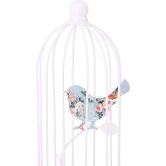 a bird in a white cage with flowers on it's back and the top part of its body