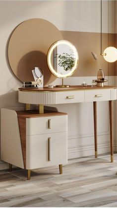 a vanity with a round mirror on it