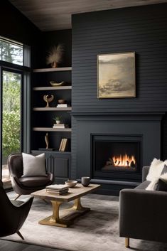 a living room filled with furniture and a fire place in the middle of the room