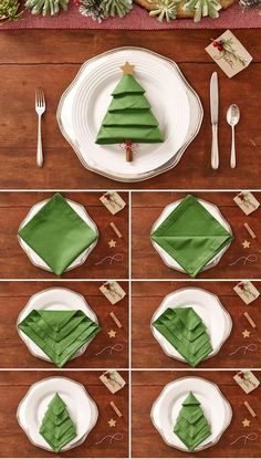 the table is set with green napkins and place settings for christmas dinner party decorations