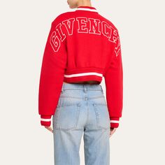 Givenchy varsity bomber jacket featuring logo embroidery on chest Baseball collar; snap-button front Long sleeves Relaxed fit Cropped length Banded cuffs and hem Wool Imported Givenchy Logo, Cocktail Jacket, Lingerie Romper, Logo Embroidery, Lingerie Sleepwear, Sweater Skirt, Logo Embroidered, Designer Collection, Snap Button