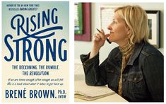 a woman talking on a cell phone next to a book cover for rising strong,