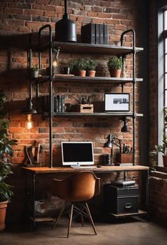 an office with brick walls and shelves filled with plants