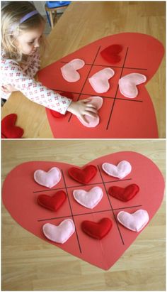 two pictures showing how to make a heart tic - tac toe game for valentine's day